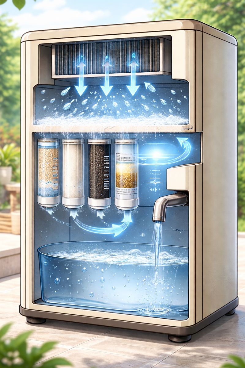 Proceso de condensación y filtración de agua del aire