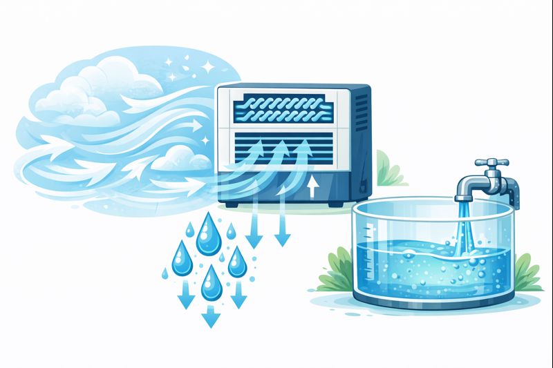 Ilustración conceptual: del aire al agua, con flujo de aire, gotas y depósito.